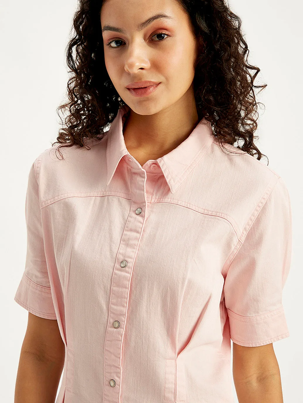 Women's Solid Light Pink Spread Collar Shirt Dress