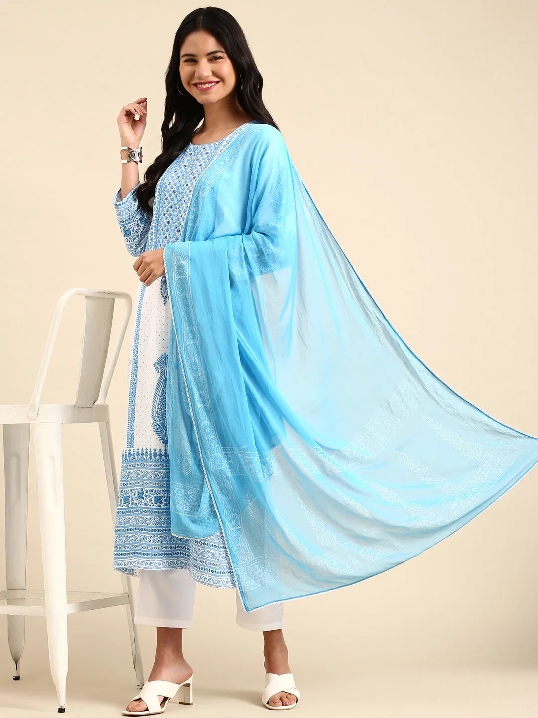 Women's White Printed Kurta Set